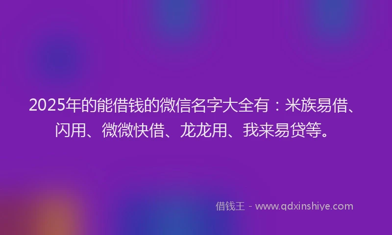 2025年的能借钱的微信名字大全有：米族易借、闪用、微微快借、龙龙用、我来易贷等。