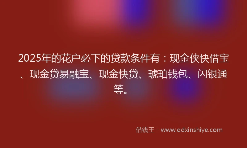 2025年的花户必下的贷款条件有：现金侠快借宝、现金贷易融宝、现金快贷、琥珀钱包、闪银通等。