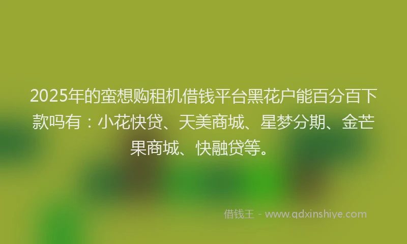 2025年的蛮想购租机借钱平台黑花户能百分百下款吗有：小花快贷、天美商城、星梦分期、金芒果商城、快融贷等。