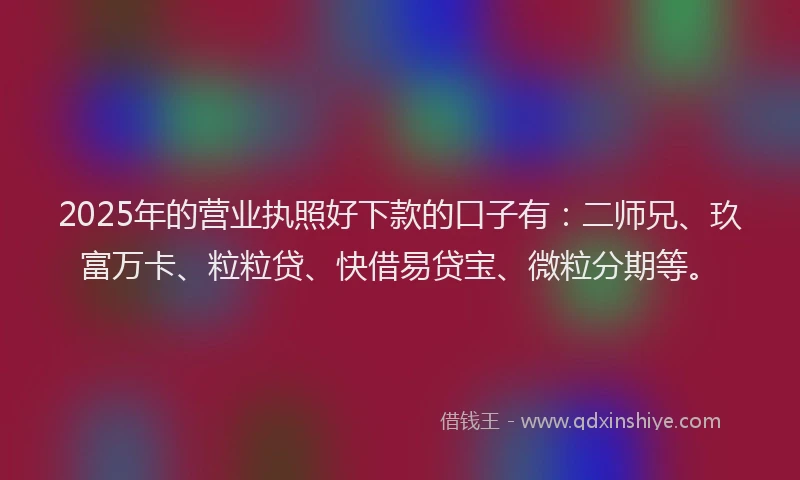 2025年的营业执照好下款的口子有：二师兄、玖富万卡、粒粒贷、快借易贷宝、微粒分期等。