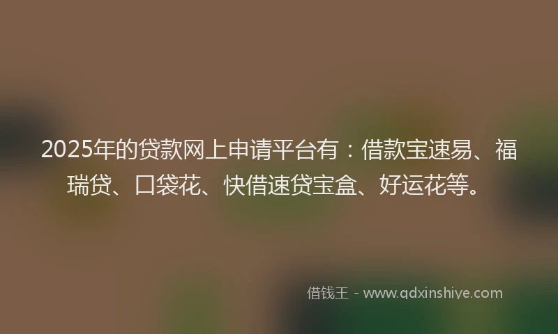 2025年的贷款网上申请平台有：借款宝速易、福瑞贷、口袋花、快借速贷宝盒、好运花等。