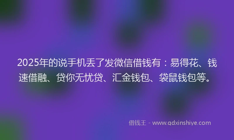 2025年的说手机丢了发微信借钱有：易得花、钱速借融、贷你无忧贷、汇金钱包、袋鼠钱包等。