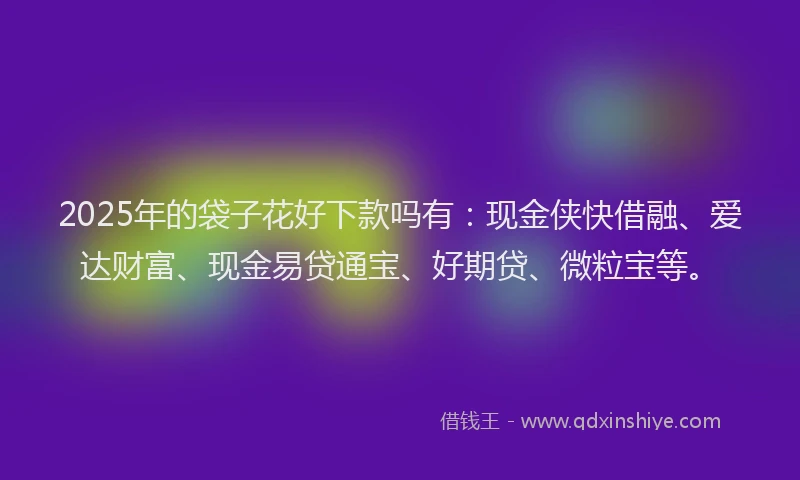 2025年的袋子花好下款吗有：现金侠快借融、爱达财富、现金易贷通宝、好期贷、微粒宝等。