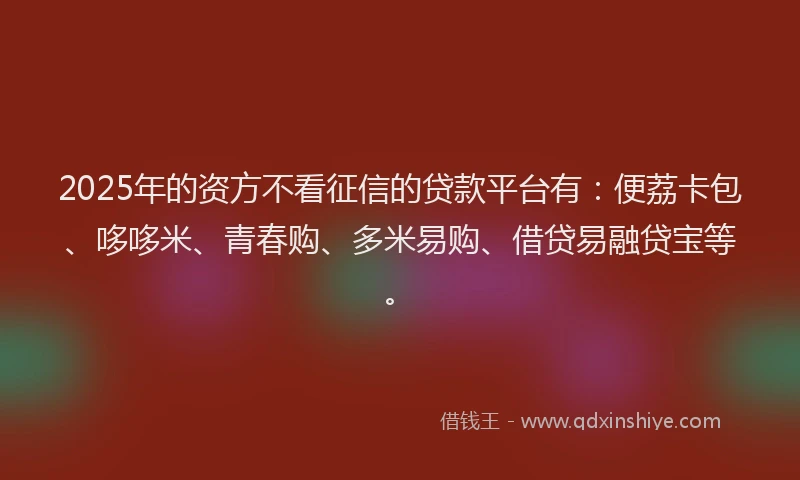 2025年的资方不看征信的贷款平台有：便荔卡包、哆哆米、青春购、多米易购、借贷易融贷宝等。