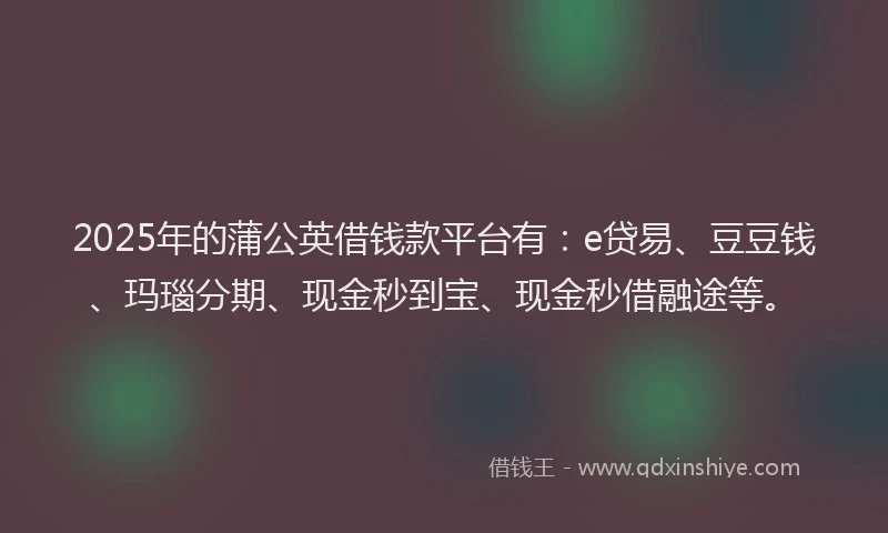 2025年的蒲公英借钱款平台有：e贷易、豆豆钱、玛瑙分期、现金秒到宝、现金秒借融途等。