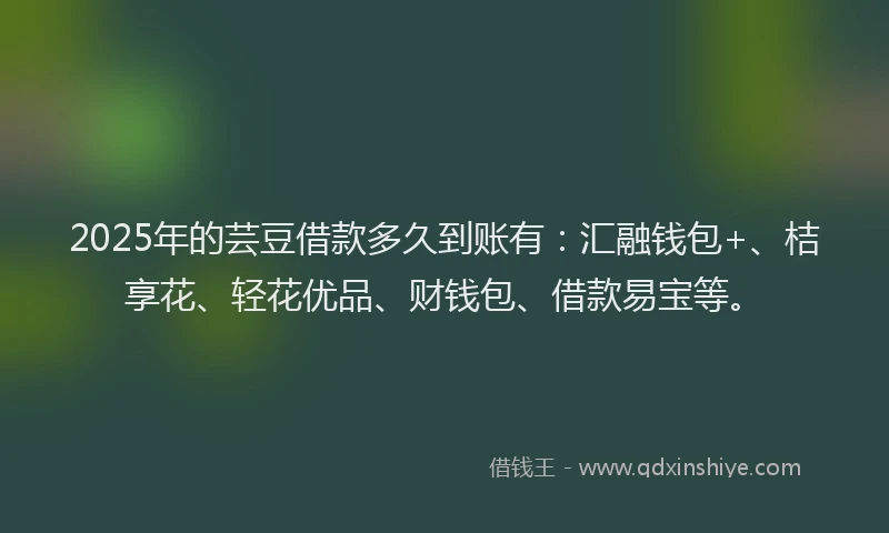 2025年的芸豆借款多久到账有：汇融钱包+、桔享花、轻花优品、财钱包、借款易宝等。