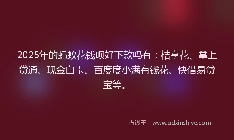2025年的蚂蚁花钱呗好下款吗有：桔享花、掌上贷通、现金白卡、百度度小满有钱花、快借易贷宝等。