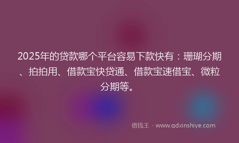 2025年的贷款哪个平台容易下款快有：珊瑚分期、拍拍用、借款宝快贷通、借款宝速借宝、微粒分期等。