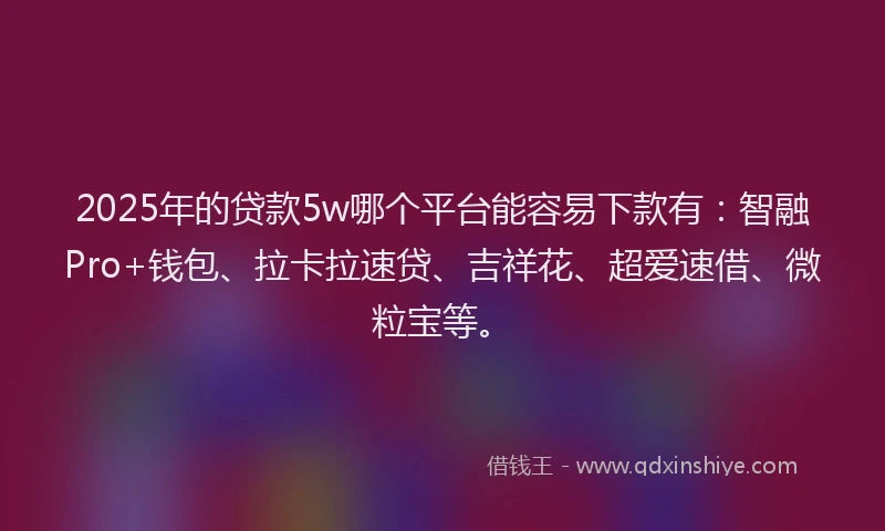 2025年的贷款5w哪个平台能容易下款有：智融Pro+钱包、拉卡拉速贷、吉祥花、超爱速借、微粒宝等。