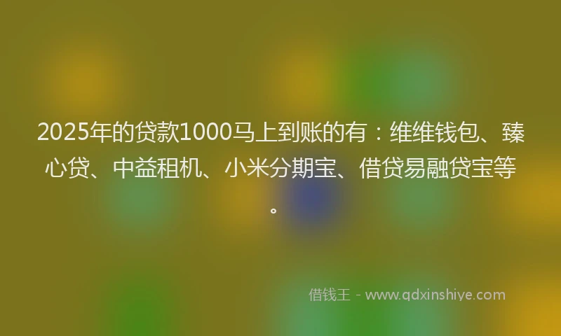 2025年的贷款1000马上到账的有：维维钱包、臻心贷、中益租机、小米分期宝、借贷易融贷宝等。