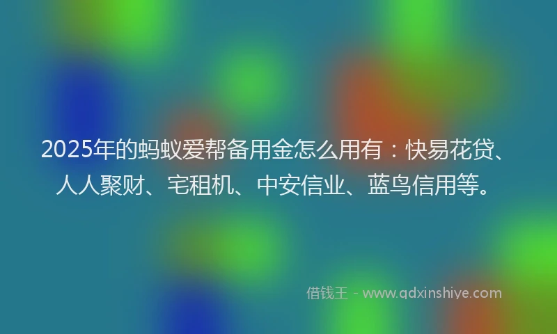 2025年的蚂蚁爱帮备用金怎么用有：快易花贷、人人聚财、宅租机、中安信业、蓝鸟信用等。