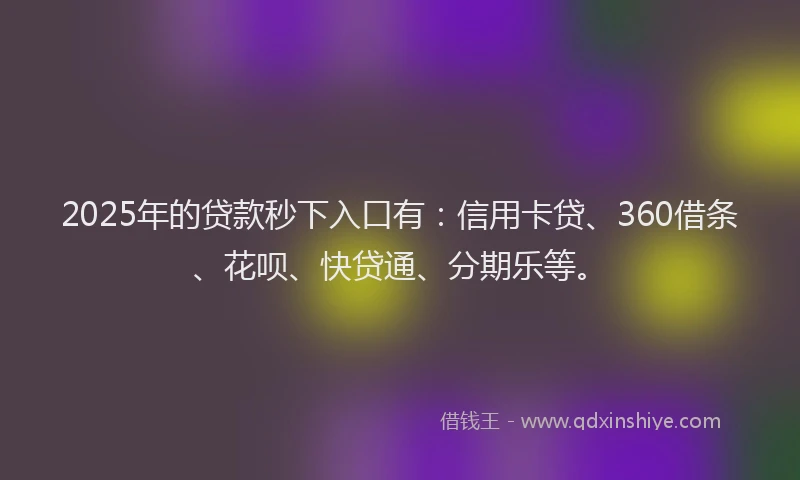 2025年的贷款秒下入口有：信用卡贷、360借条、花呗、快贷通、分期乐等。