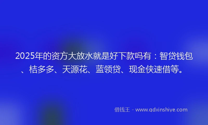 2025年的资方大放水就是好下款吗有：智贷钱包、桔多多、天源花、蓝领贷、现金侠速借等。