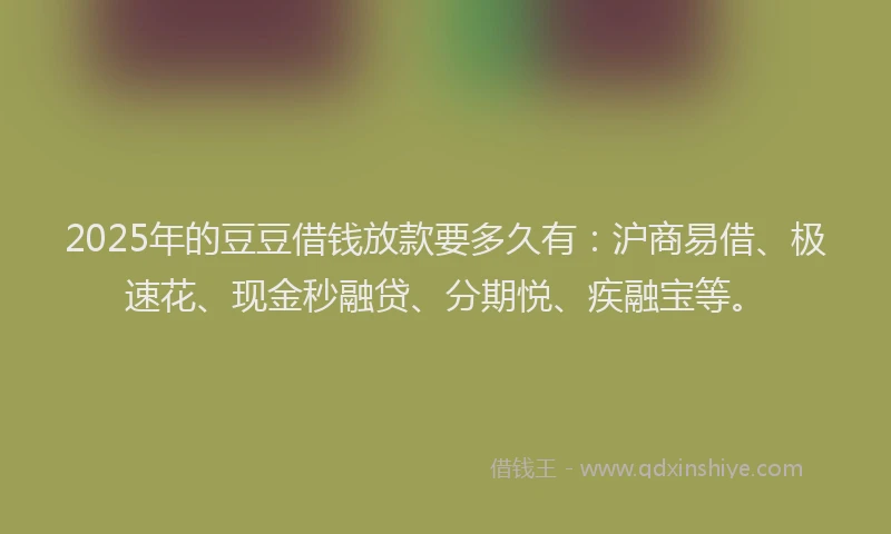 2025年的豆豆借钱放款要多久有：沪商易借、极速花、现金秒融贷、分期悦、疾融宝等。