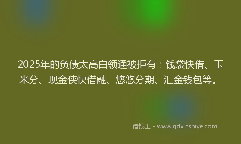 2025年的负债太高白领通被拒有：钱袋快借、玉米分、现金侠快借融、悠悠分期、汇金钱包等。