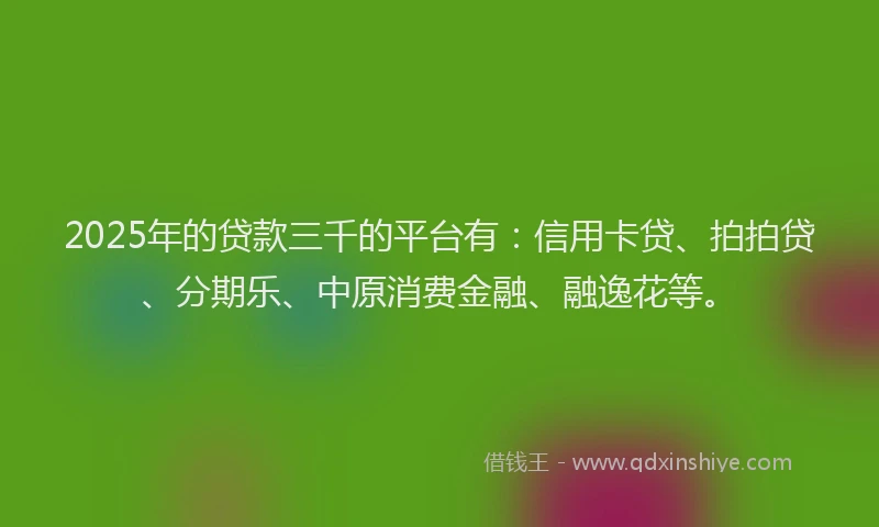 2025年的贷款三千的平台有：信用卡贷、拍拍贷、分期乐、中原消费金融、融逸花等。