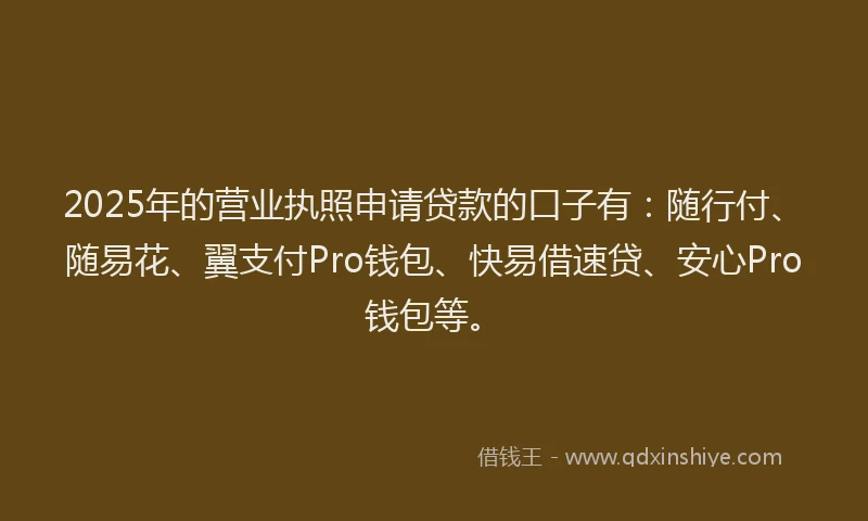 2025年的营业执照申请贷款的口子有：随行付、随易花、翼支付Pro钱包、快易借速贷、安心Pro钱包等。