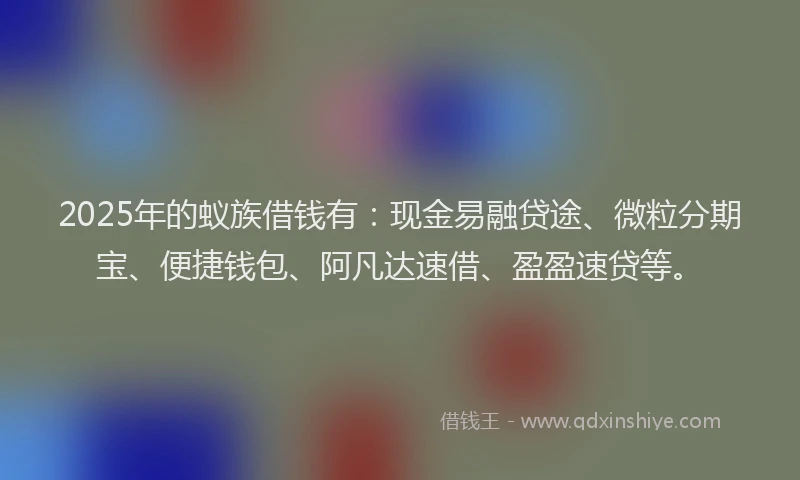 2025年的蚁族借钱有：现金易融贷途、微粒分期宝、便捷钱包、阿凡达速借、盈盈速贷等。
