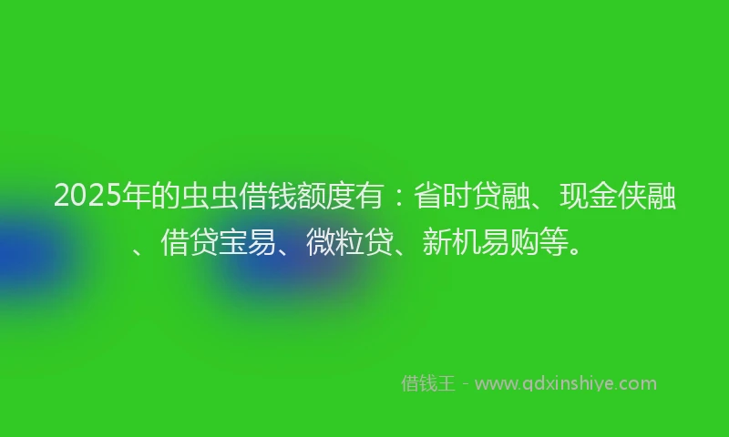 2025年的虫虫借钱额度有：省时贷融、现金侠融、借贷宝易、微粒贷、新机易购等。