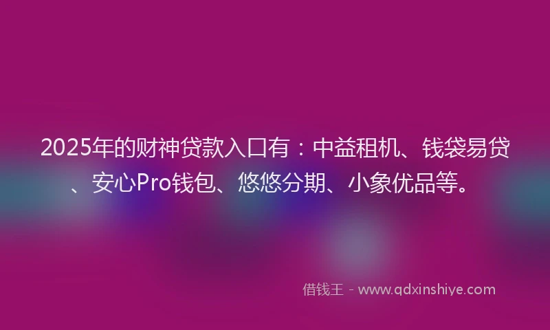 2025年的财神贷款入口有:中益租机、钱袋易贷、安心Pro钱包、悠悠分期、小象优品等。