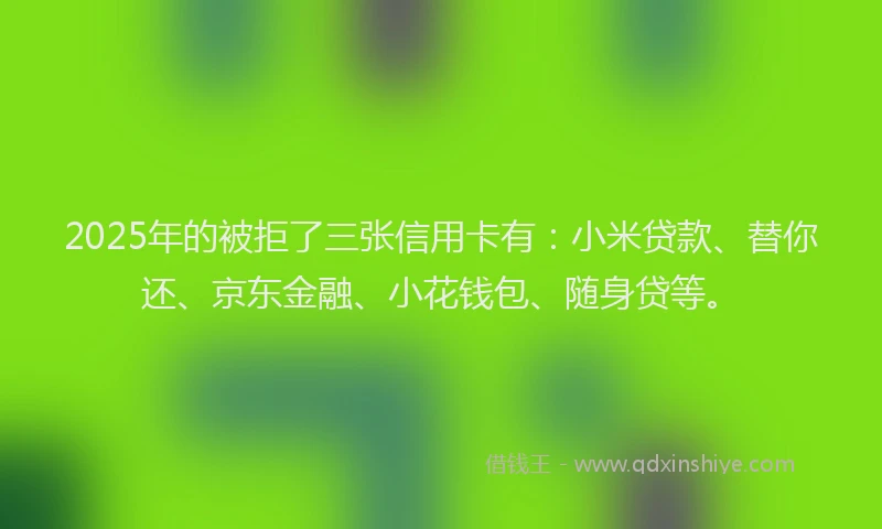 2025年的被拒了三张信用卡有：小米贷款、替你还、京东金融、小花钱包、随身贷等。