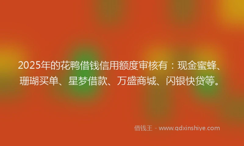 2025年的花鸭借钱信用额度审核有：现金蜜蜂、珊瑚买单、星梦借款、万盛商城、闪银快贷等。