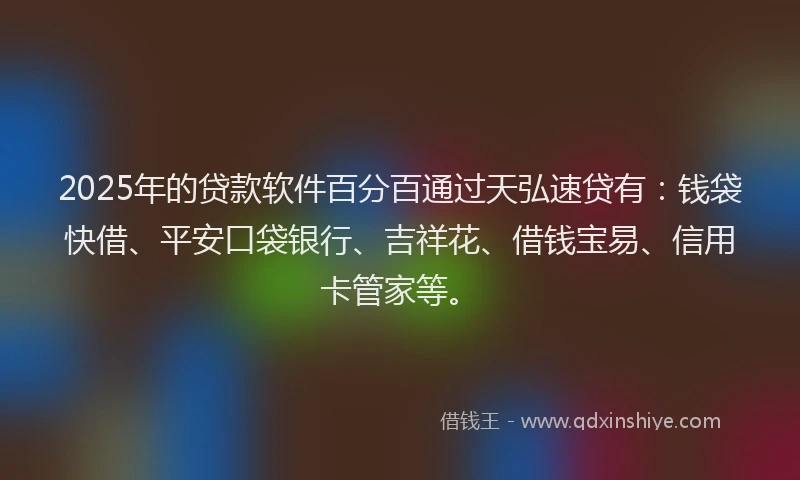 2025年的贷款软件百分百通过天弘速贷有：钱袋快借、平安口袋银行、吉祥花、借钱宝易、信用卡管家等。