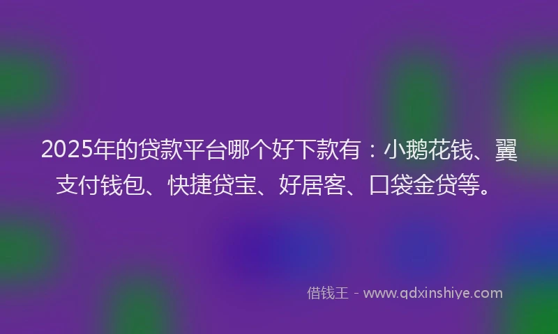 2025年的贷款平台哪个好下款有：小鹅花钱、翼支付钱包、快捷贷宝、好居客、口袋金贷等。