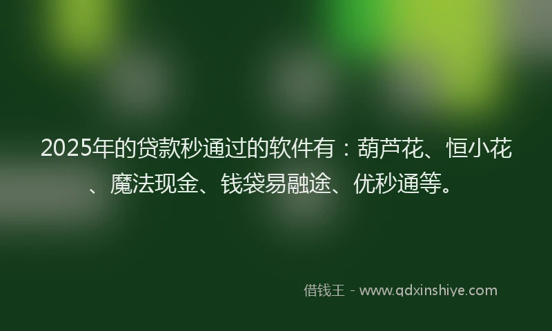 2025年的贷款秒通过的软件有：葫芦花、恒小花、魔法现金、钱袋易融途、优秒通等。