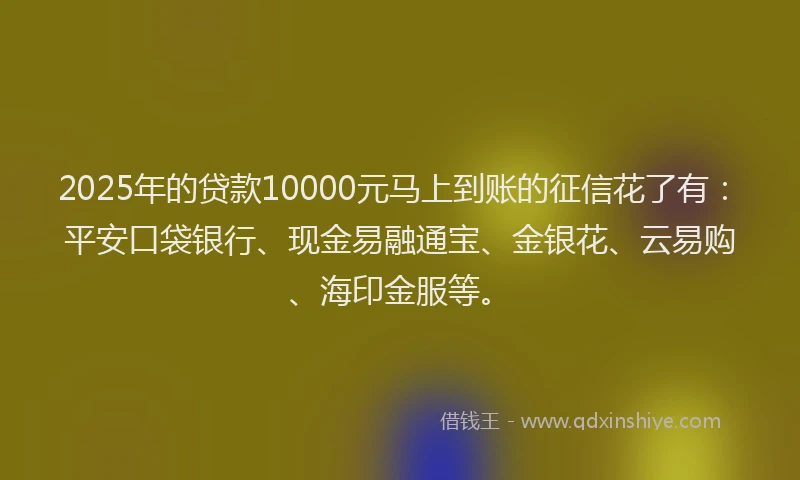 2025年的贷款10000元马上到账的征信花了有：平安口袋银行、现金易融通宝、金银花、云易购、海印金服等。