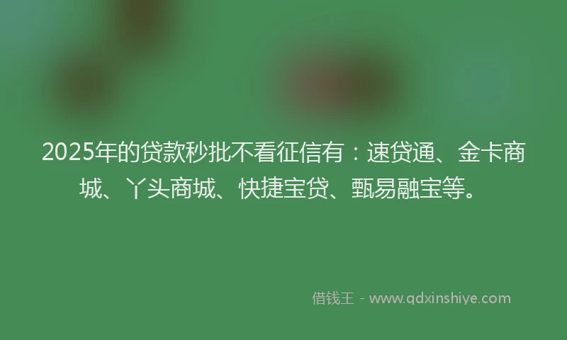 2025年的贷款秒批不看征信有：速贷通、金卡商城、丫头商城、快捷宝贷、甄易融宝等。