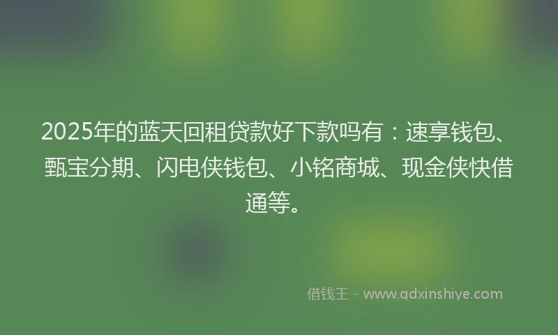 2025年的蓝天回租贷款好下款吗有:速享钱包、甄宝分期、闪电侠钱包、小铭商城、现金侠快借通等。