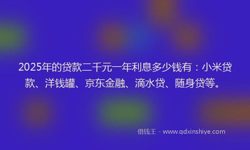 2025年的贷款二千元一年利息多少钱有：小米贷款、洋钱罐、京东金融、滴水贷、随身贷等。