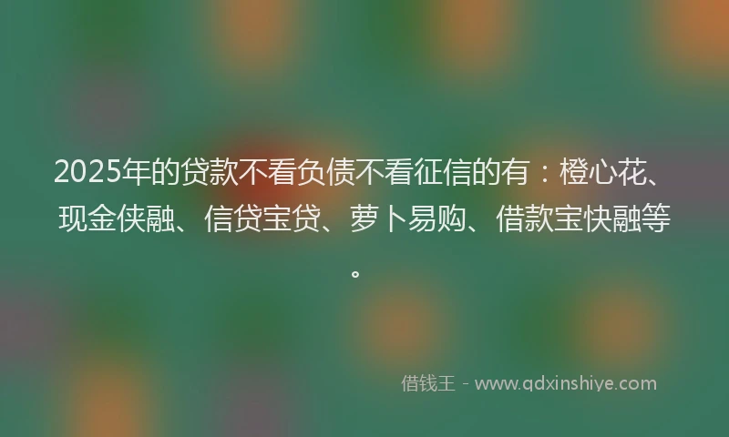 2025年的贷款不看负债不看征信的有：橙心花、现金侠融、信贷宝贷、萝卜易购、借款宝快融等。