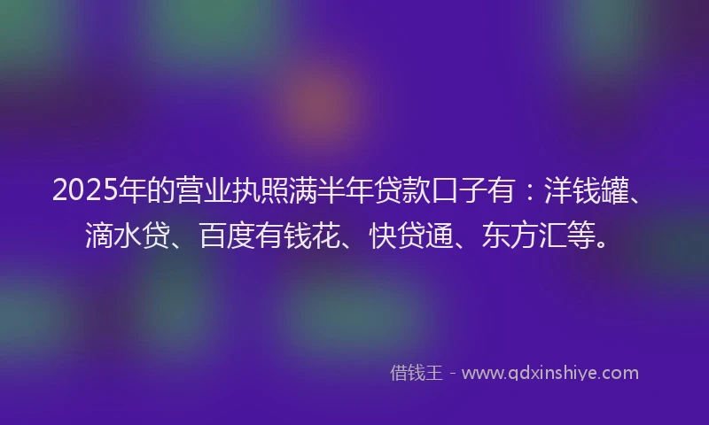 2025年的营业执照满半年贷款口子有：洋钱罐、滴水贷、百度有钱花、快贷通、东方汇等。