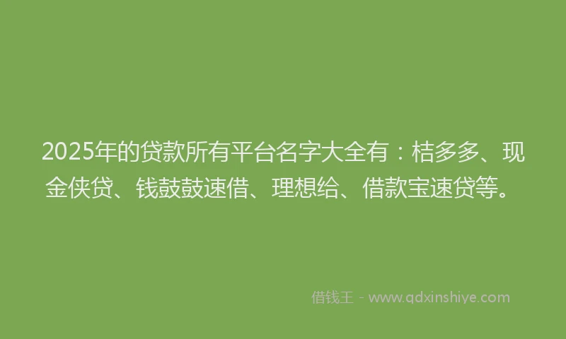 2025年的贷款所有平台名字大全有：桔多多、现金侠贷、钱鼓鼓速借、理想给、借款宝速贷等。