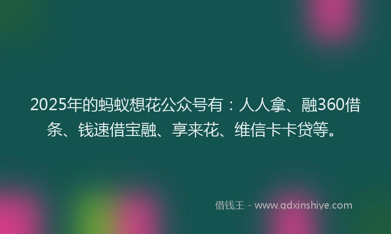 2025年的蚂蚁想花公众号有：人人拿、融360借条、钱速借宝融、享来花、维信卡卡贷等。