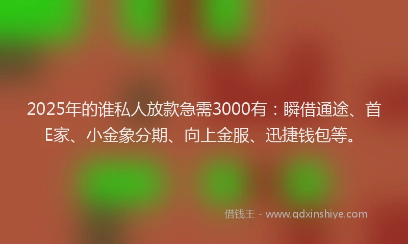 2025年的谁私人放款急需3000有：瞬借通途、首E家、小金象分期、向上金服、迅捷钱包等。