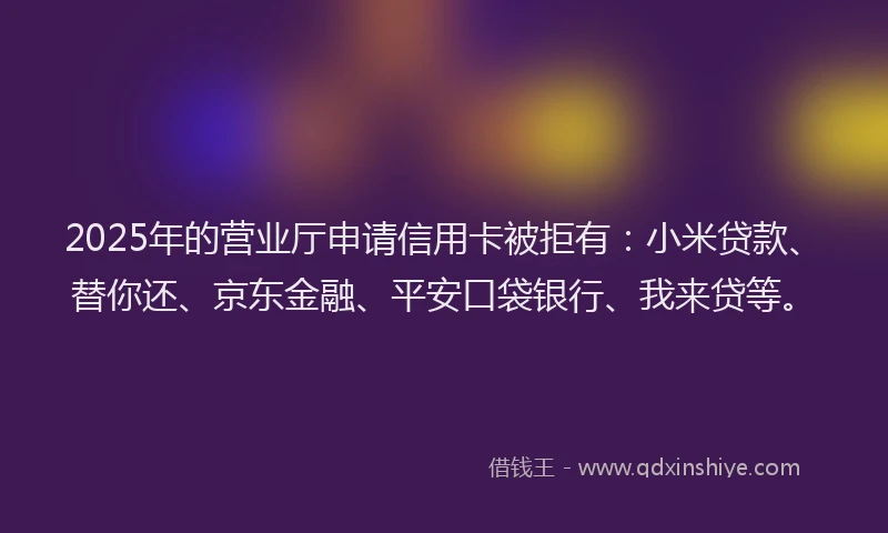 2025年的营业厅申请信用卡被拒有：小米贷款、替你还、京东金融、平安口袋银行、我来贷等。