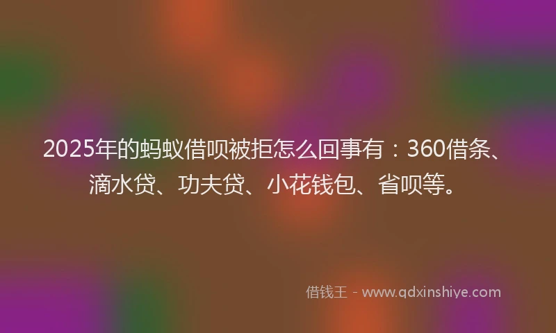 2025年的蚂蚁借呗被拒怎么回事有：360借条、滴水贷、功夫贷、小花钱包、省呗等。