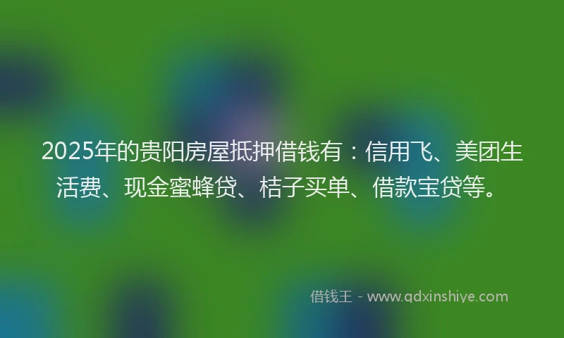 2025年的贵阳房屋抵押借钱有：信用飞、美团生活费、现金蜜蜂贷、桔子买单、借款宝贷等。