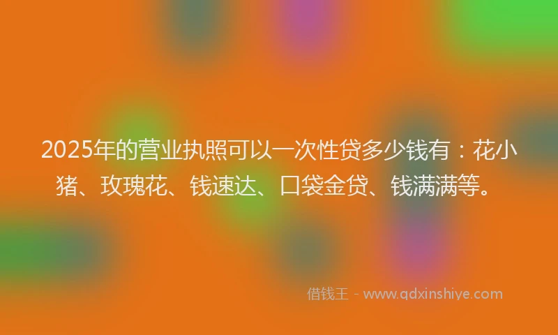 2025年的营业执照可以一次性贷多少钱有：花小猪、玫瑰花、钱速达、口袋金贷、钱满满等。