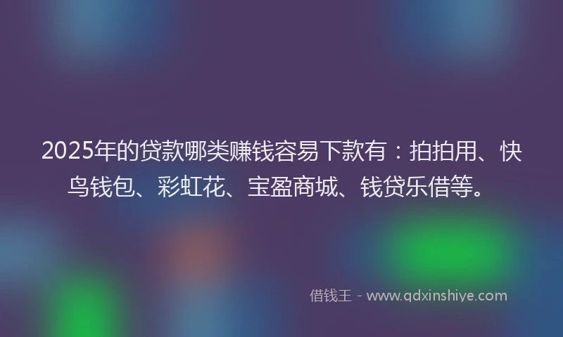 2025年的贷款哪类赚钱容易下款有：拍拍用、快鸟钱包、彩虹花、宝盈商城、钱贷乐借等。