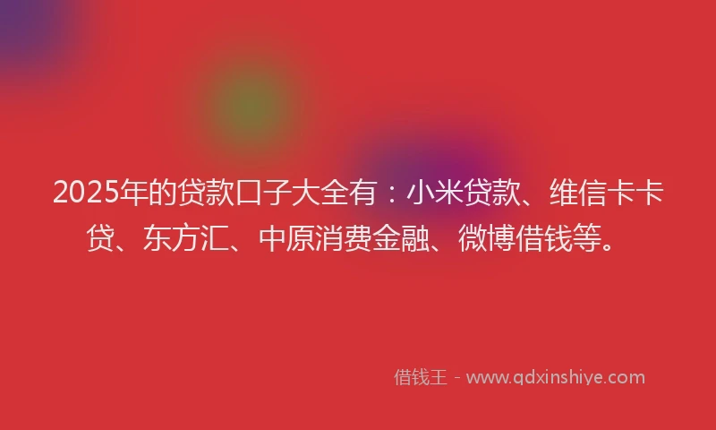 2025年的贷款口子大全有：小米贷款、维信卡卡贷、东方汇、中原消费金融、微博借钱等。
