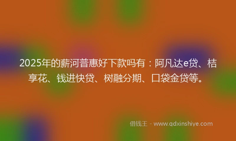 2025年的薪河普惠好下款吗有：阿凡达e贷、桔享花、钱进快贷、树融分期、口袋金贷等。