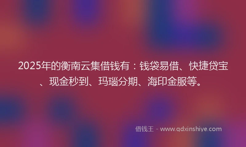 2025年的衡南云集借钱有：钱袋易借、快捷贷宝、现金秒到、玛瑙分期、海印金服等。