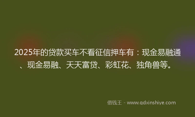 2025年的贷款买车不看征信押车有：现金易融通、现金易融、天天富贷、彩虹花、独角兽等。