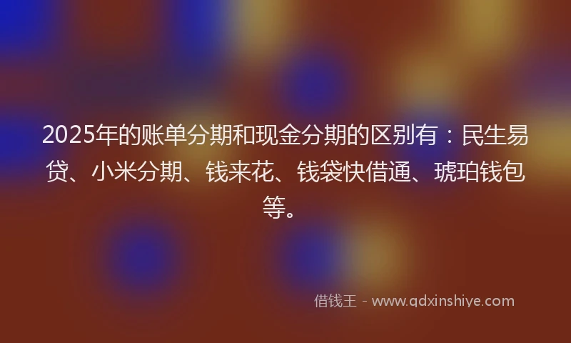 2025年的账单分期和现金分期的区别有：民生易贷、小米分期、钱来花、钱袋快借通、琥珀钱包等。