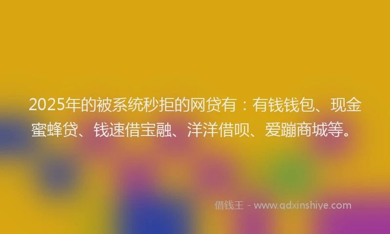 2025年的被系统秒拒的网贷有：有钱钱包、现金蜜蜂贷、钱速借宝融、洋洋借呗、爱蹦商城等。