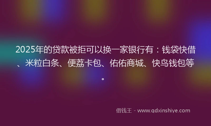 2025年的贷款被拒可以换一家银行有：钱袋快借、米粒白条、便荔卡包、佑佑商城、快鸟钱包等。
